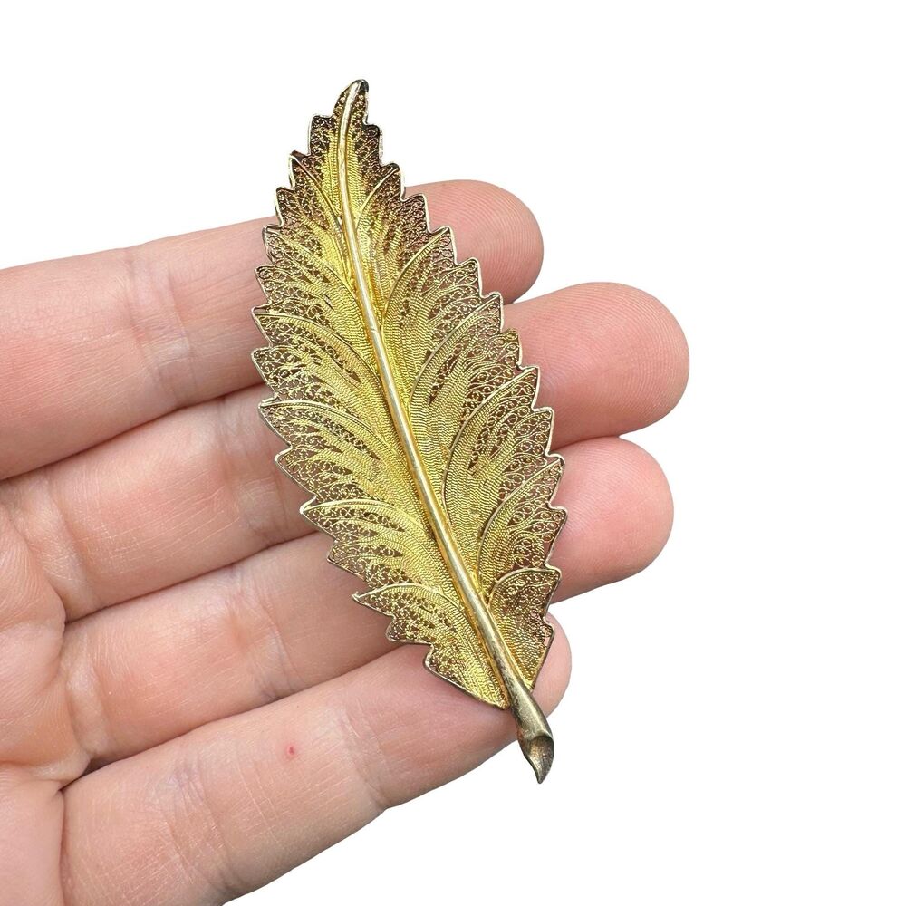 Vintage Sterling Silver 925 Gold Plated Portugal Filigree Leaf Brooch Pin